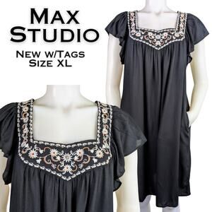 Max Studio Shift Minidress XL Black White Embroidered Boho Flutter Sleeve NEW